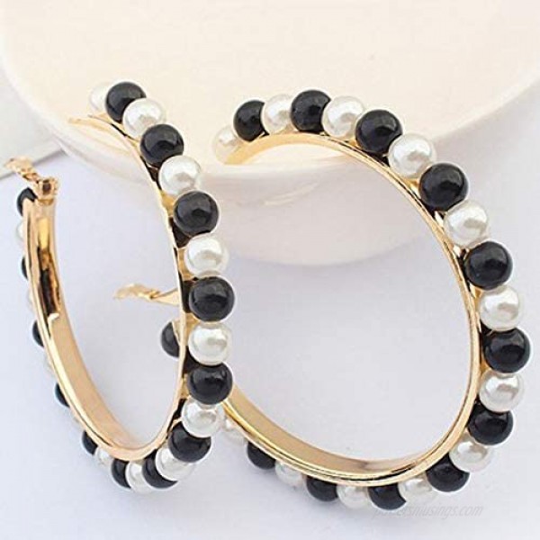 Pearl Hoop Earrings Black Pearl Beaded Big Loop Earrings Geometric Circle Round Stud Earrings for Women Girls Elegant Jewelry Gifts