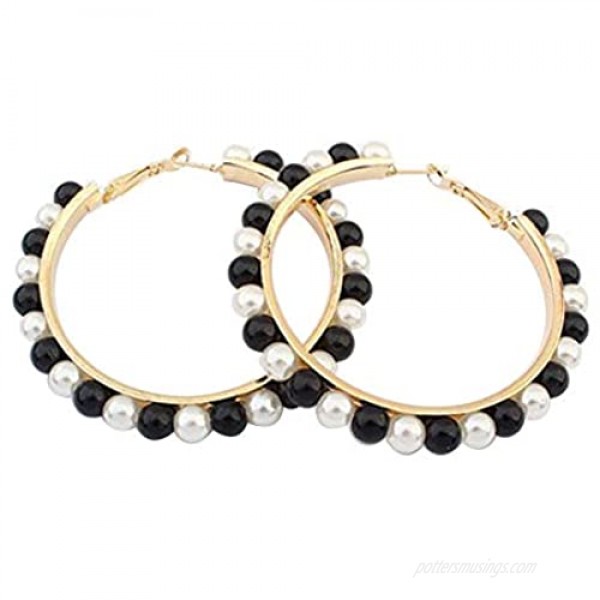 Pearl Hoop Earrings Black Pearl Beaded Big Loop Earrings Geometric Circle Round Stud Earrings for Women Girls Elegant Jewelry Gifts