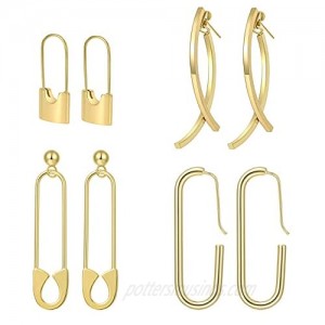 SINOSSO French Trendy 14K Gold Plated Pins Hoop Earring & Minimalist Large Safety Pin Earrings Dangly Ear Jackets 4 Pairs Set for Women