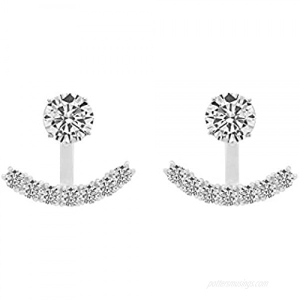 Sterling Silver Front Back 2 in 1 Cubic Zirconia AAA Quality Stud and Ear Jacket Cuff Earrings Set