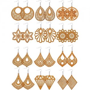 12 Pairs African Wooden Drop Earrings Bohemian Pendant Dangle Earrings Lightweight Ethnic Style Wood Earrings for Women