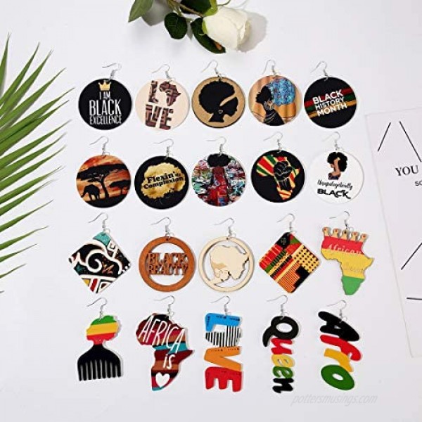 20 Pairs African Earrings for Women Wooden African Map Round Painted Earrings Statement Ethnic Dangle Earring Set