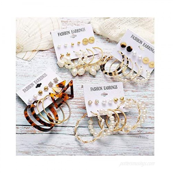 35 Pairs Fashion Tassel Dangle Earrings Set Bohemian Acrylic Leopard Hoop Earrings for Women & Statement Drop Earrings for Girls Pearl Stud Earrings Jewelry Gifts