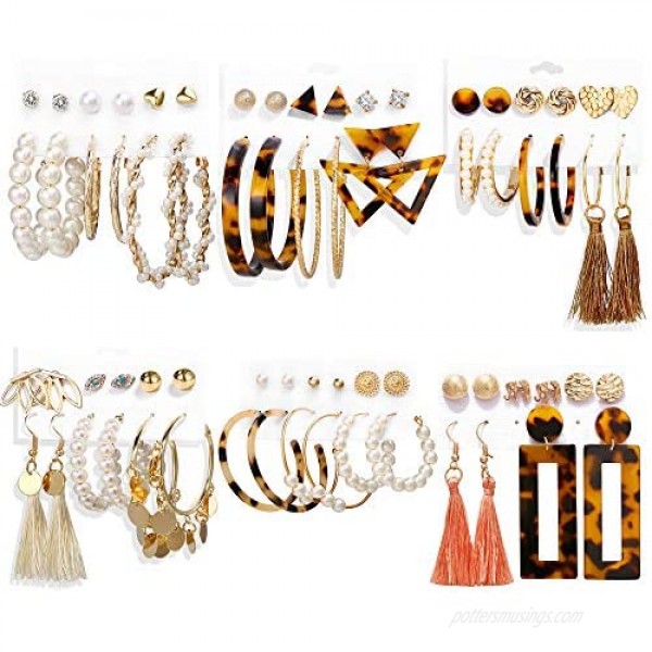 35 Pairs Fashion Tassel Dangle Earrings Set Bohemian Acrylic Leopard Hoop Earrings for Women & Statement Drop Earrings for Girls Pearl Stud Earrings Jewelry Gifts