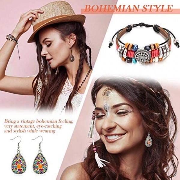 6 Pairs Bohemian Vintage Dangle Earrings Boho Retro Rhinestone Drop Earrings and 2 Pieces Vintage Bohemia Beaded Bracelet Multi-layer Woven Bracelet Jewelry for Women Girls