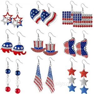9 Pairs Patriotic Earrings American Flag Earrings 4th of July Earrings Star Heart Dangle Drop Earrings Patriotic Dangle Earring for Women Girls Independence Day