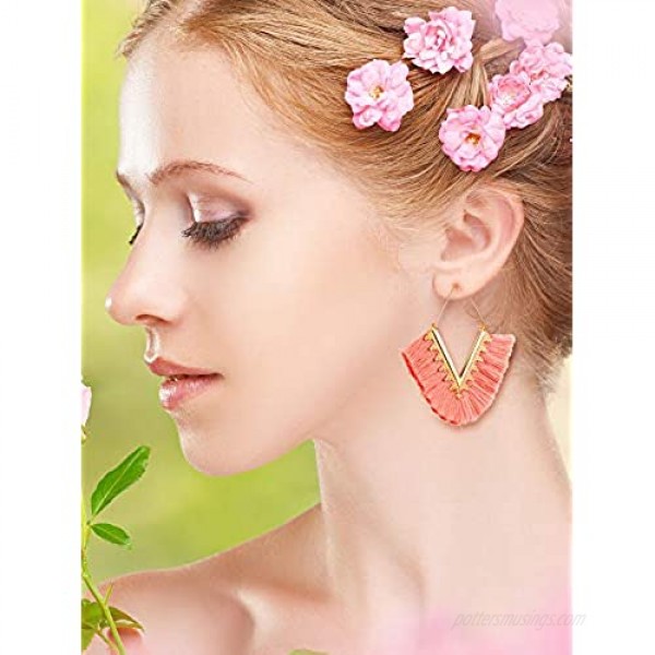 9 Pairs Tassel Statement Earrings Bohemian Fringe Silky Dangle Earrings V Shaped Handmade Geometric Triangle Drop Earrings for Women Girls