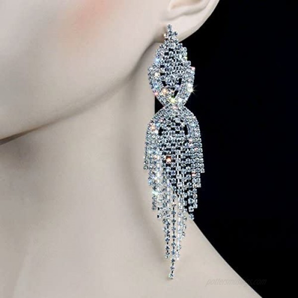 CHRAN Silver Teardrop Crystal Long Tassels Dangle Earrings Sparkling Rhinestone Ladies Gifts