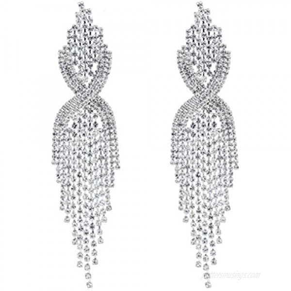 CHRAN Silver Teardrop Crystal Long Tassels Dangle Earrings Sparkling Rhinestone Ladies Gifts