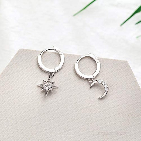 CZ Moon Star Dangle Small Hoop Earrings for Women Girls Sterling Silver with Charms Crystal Asymmetrical Snowflake Crescent Drop Mini Cartilage Clip Jewelry Delicate Fashion Birthday Gifts Best Friend