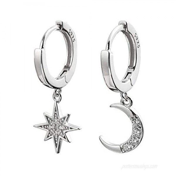 CZ Moon Star Dangle Small Hoop Earrings for Women Girls Sterling Silver with Charms Crystal Asymmetrical Snowflake Crescent Drop Mini Cartilage Clip Jewelry Delicate Fashion Birthday Gifts Best Friend
