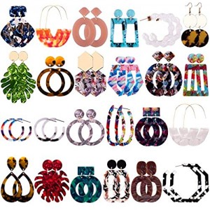 Duufin 24 Pairs Mottled Acrylic Earrings Resin Drop Dangle Earring Hoop Statement Earrings Polygonal Bohemian Fashion Jewelry Earrings for Women Girls