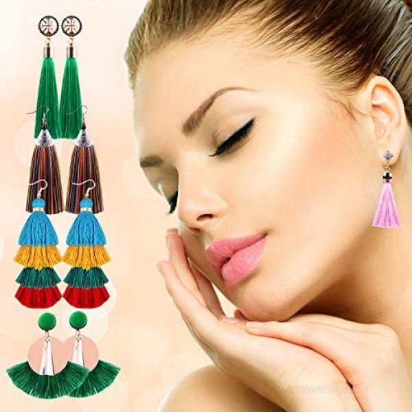 Duufin 32 Pairs Tassel Earrings Colorful Bohemian Tassel Earring Long Layered Dangle Earrings Tassel Drop Hoop Fringe Tiered Earrings for Women Girls