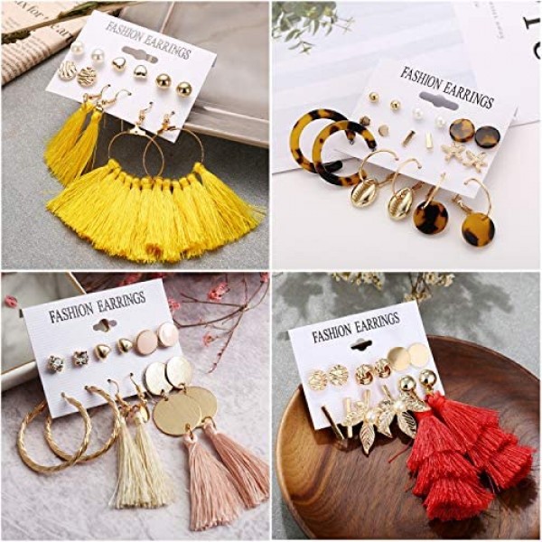 Earrings Set for Women Girls Funtopia 61 Pairs Fashion Tassel Earrings Acrylic Hoop Stud Drop Dangle Earrings for Birthday Party Gift Assorted Styles and Colors