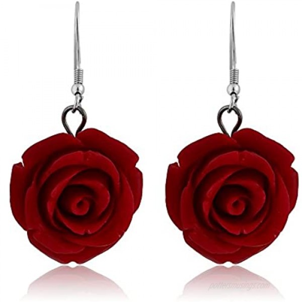 Gem Stone King 20MM 925 Sterling Silver Red Simulated Coral Carved Rose Flower Earrings