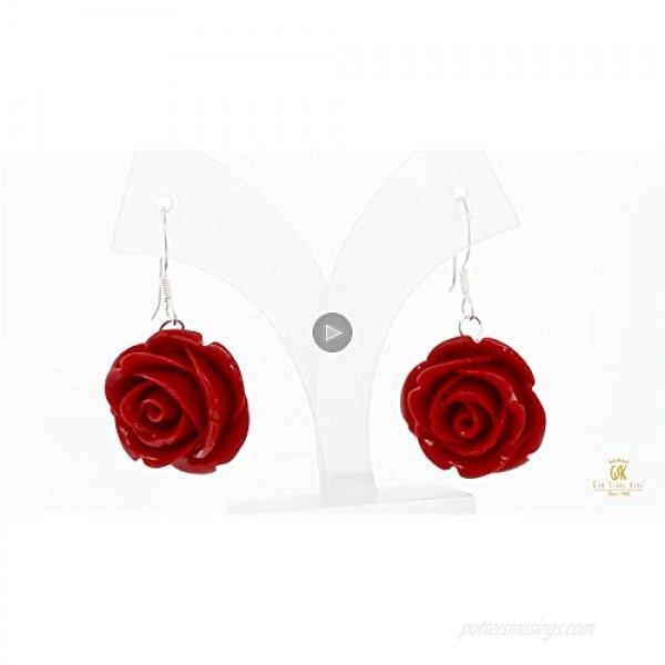 Gem Stone King 20MM 925 Sterling Silver Red Simulated Coral Carved Rose Flower Earrings