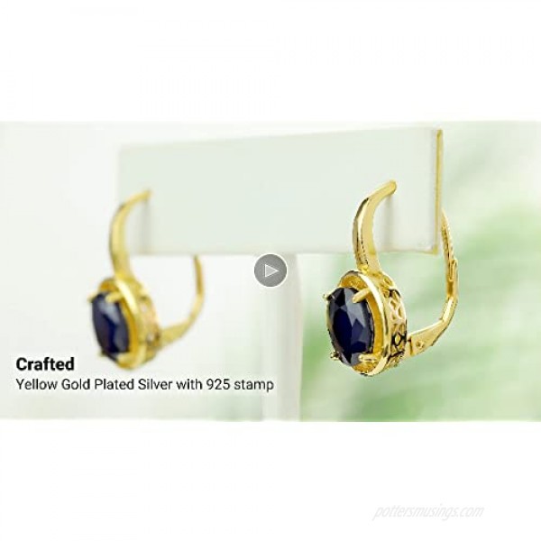 Gem Stone King 5.00 Ct Oval Blue Sapphire 18K Yellow Gold Plated Silver Dangle Earrings