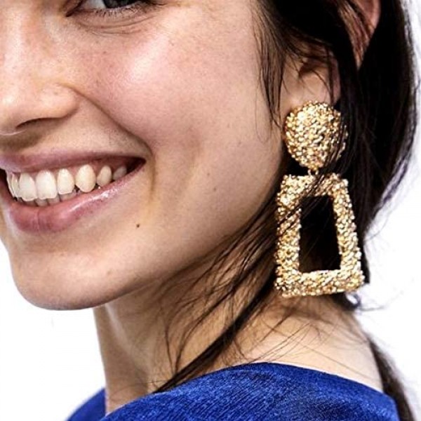 Gold Rectangle Geometric Dangle Earrings Fashion Statement Drop Earrings for Women KELMALL COLLECTION