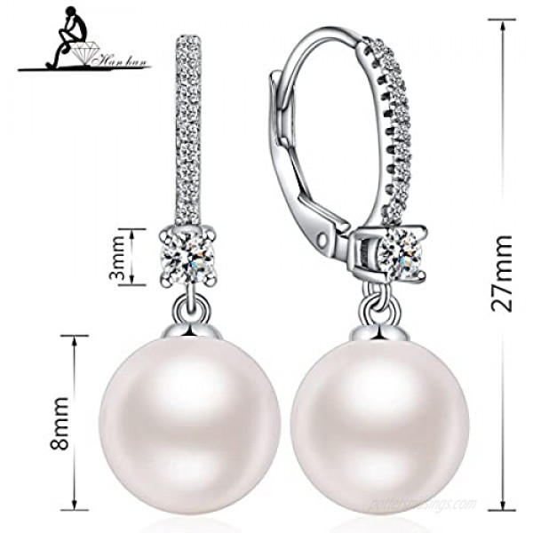 Han han Pearl Dangle Earrings with Leverback Design 925 Sterling Silver Pearl Drop Earrings for Women CZ Diamond Pearl Earrings Black and White Pearl Jewelry Gift for Women Ladies