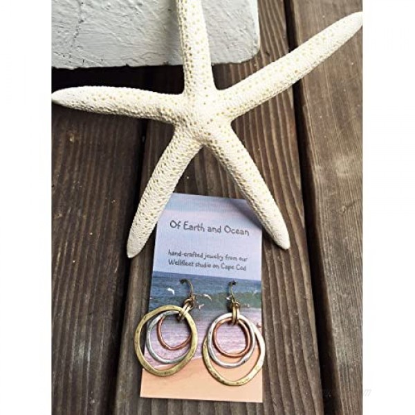 Handmade Sunrise Tricolor Dangle Earrings - Burnished Circles Copper Brass and Silverplated