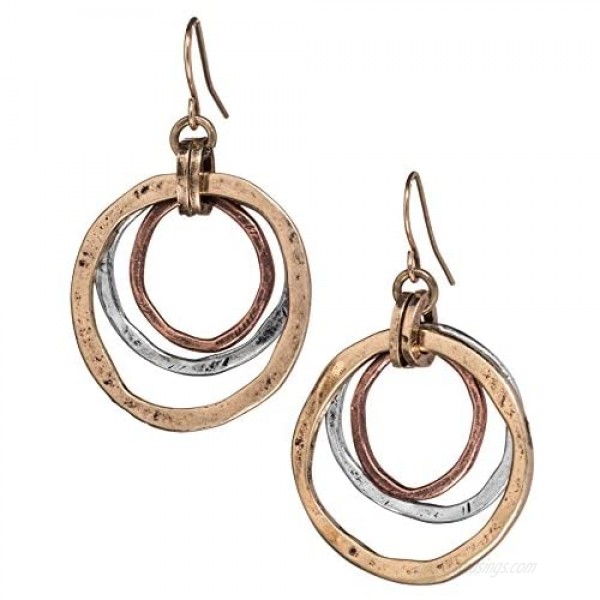 Handmade Sunrise Tricolor Dangle Earrings - Burnished Circles Copper Brass and Silverplated