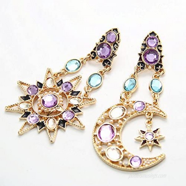 JoJo & Lin 18K Real Gold Plated Heavenly Body Asymmetrical Earrings Vintage Sun Moon Design Crystal Drop Dangle Earrings for Women Statement Earrings