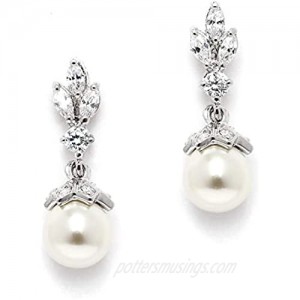 Mariell Light Ivory Pearl Drop Vintage Wedding Earrings with Platinum Plated Cubic Zirconia Marquis