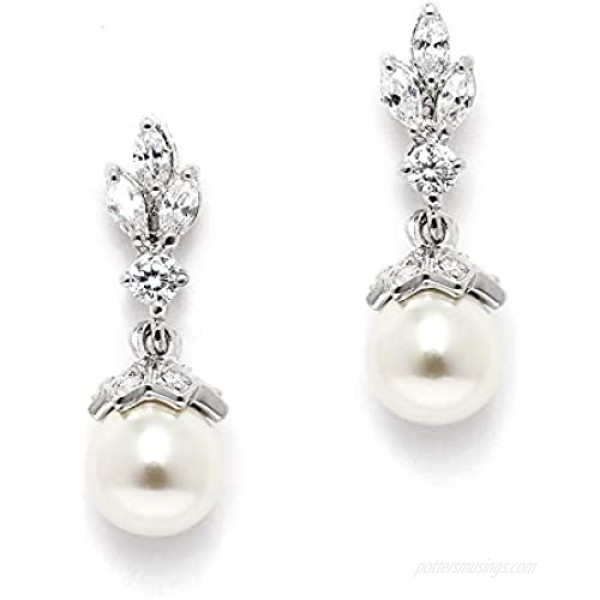 Mariell Light Ivory Pearl Drop Vintage Wedding Earrings with Platinum Plated Cubic Zirconia Marquis