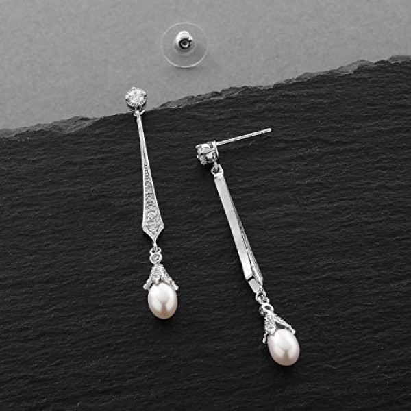 Mariell Slender Cubic Zirconia Vintage Dangle Earrings with Freshwater Pearl Drops for Brides or Weddings