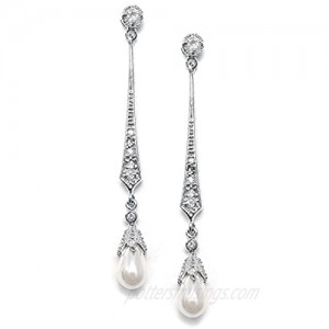 Mariell Slender Cubic Zirconia Vintage Dangle Earrings with Freshwater Pearl Drops for Brides or Weddings