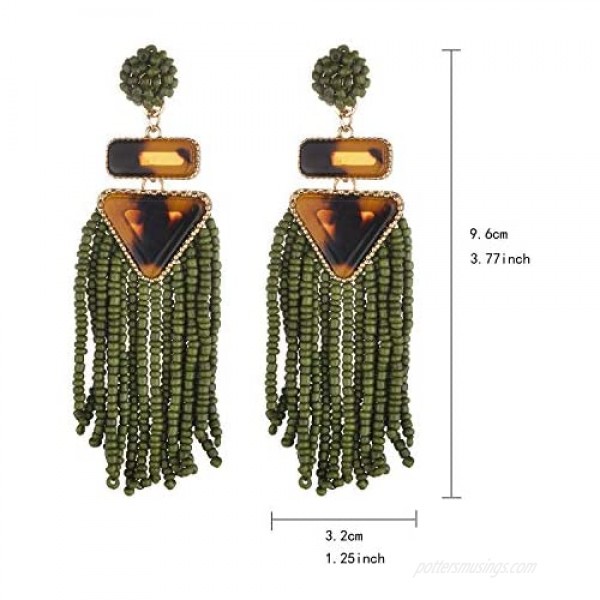 Nicole Miller New York Green Beaded Tassel Drop Leopard Print Triangle Dangle Earrings