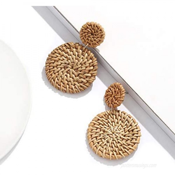 Rattan Earrings for Women Girls Handmade Lightweight Wicker Straw Stud Earrings Statement Weaving Braid Drop Dangle Earring