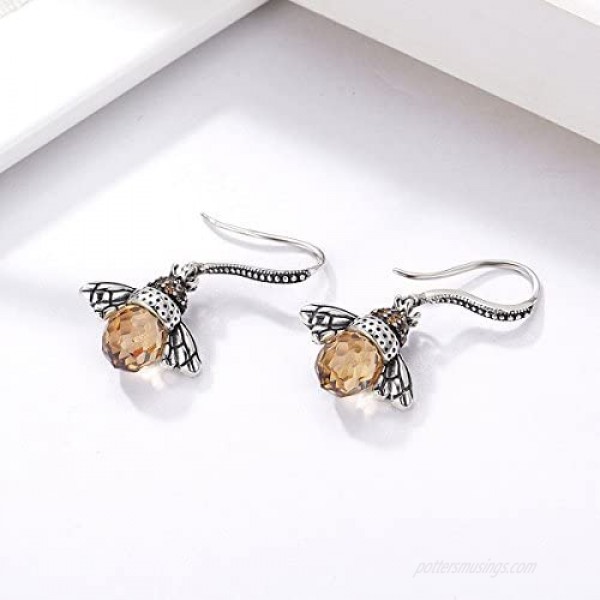 SLUYNZ 925 Sterling Silver Queen Bee Dangle Earrings for Women Teen Girls Cute Crystal Bee Earrings
