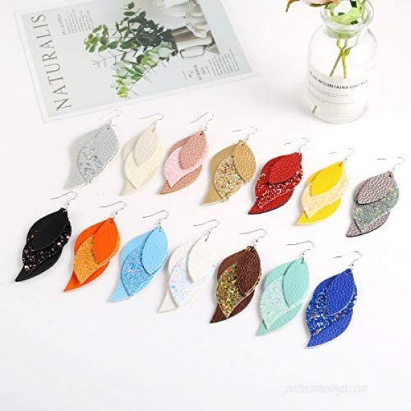 Sntieecr 14 Pairs Layered Design Leather Earrings 3 Layered Lightweight Faux Leather Leaf Drop Earrings Glitter Dangle Earrings Christmas Set for Women Girls