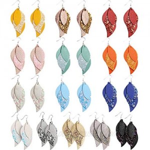Sntieecr 14 Pairs Layered Design Leather Earrings 3 Layered Lightweight Faux Leather Leaf Drop Earrings Glitter Dangle Earrings Christmas Set for Women Girls