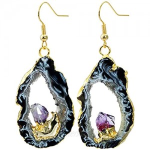 SUNYIK Natural Gemstone Quartz Geode Drusy Crystal Dangle Earrings for Women