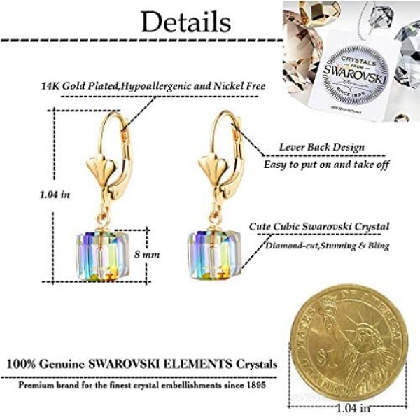 Swarovski Crystal Cube Drop Earrings for Women Leverback Dangle Earrings 14K Gold Plated Hypoallergenic Jewelry