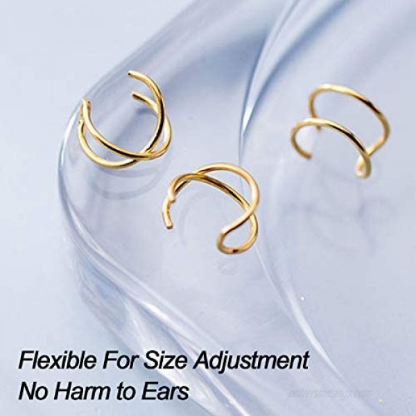 2 Pairs No Piercing Earcuff Gold Plated Fake Helix Ear Cuff Cartilage Earring-Sterling 925 Silver Gold