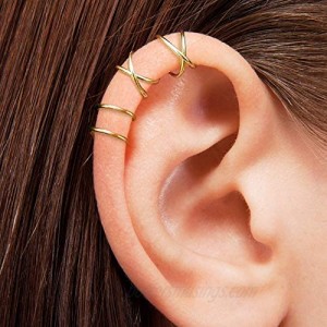 2 Pairs No Piercing Earcuff  Gold Plated Fake Helix Ear Cuff Cartilage Earring-Sterling 925 Silver  Gold