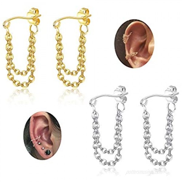 BodyBonita 2 Pairs Double Chains Earring Minimalist Chain Cuff Earrings，Double Chains Cartilage Earring Helix Conch Piercing Jewelry Punk Style