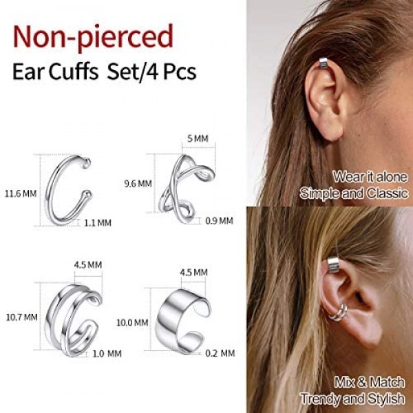 ChicSilver 925 Sterling Silver Ear Cuff Non Piercing Clip on Cartilage Earrings for Women Teengirls (with Gift Box)