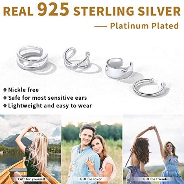 ChicSilver 925 Sterling Silver Ear Cuff Non Piercing Clip on Cartilage Earrings for Women Teengirls (with Gift Box)