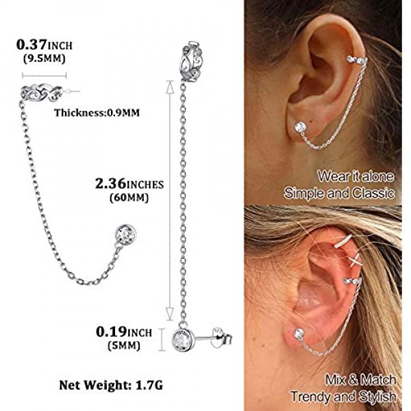 ChicSilver Hypoallergenic 925 Sterling Silver Stud Earrings with Round Huggie Ear Cuff Chain Earrings for Women Girls (with Gift Box)
