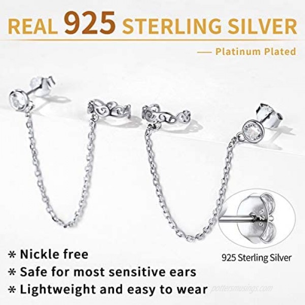 ChicSilver Hypoallergenic 925 Sterling Silver Stud Earrings with Round Huggie Ear Cuff Chain Earrings for Women Girls (with Gift Box)