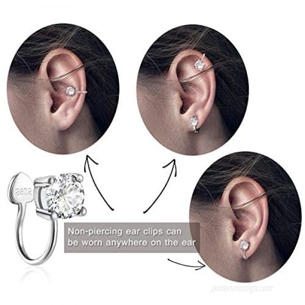 Cubic Zirconia Ear Cuffs - Sterling Silver Hypoallergenic Non-Piercing Cartilage Earrings CZ Clip on Earrings Round Crystal Stud Earrings for Women Girls 6mm