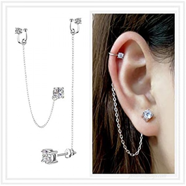 Cubic Zirconia Earrings - Crystal Ear Cuff Earrings Chain Sterling Silver Hypoallergenic Cubic Zirconia Earrings Rhinestones Drop Dangle Earrings 2 in 1 earrings Piercing Jewelry Gift for Women Girls