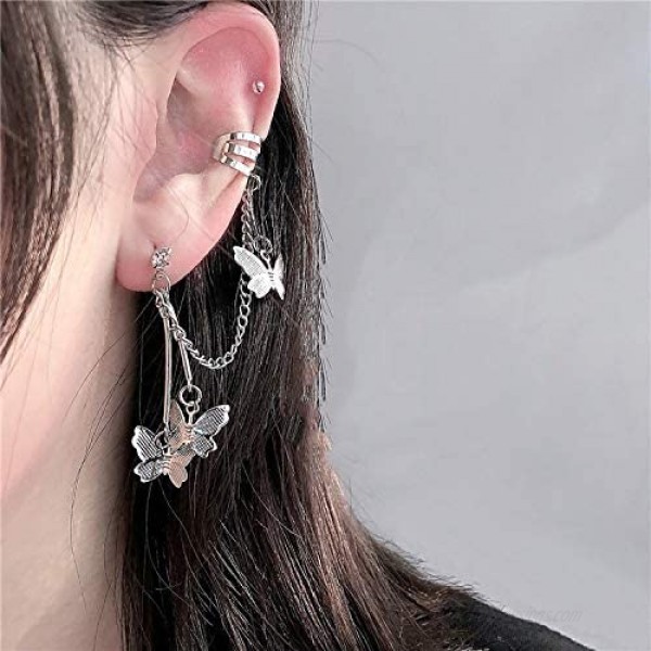 Cuff Chain Earrings for Women Cuffs Tassel Earrings Butterfly Ear Cuff Droping Chain Stud Earrings for Girls Gifts
