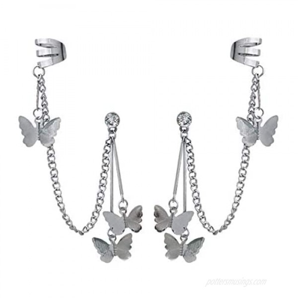 Cuff Chain Earrings for Women Cuffs Tassel Earrings Butterfly Ear Cuff Droping Chain Stud Earrings for Girls Gifts