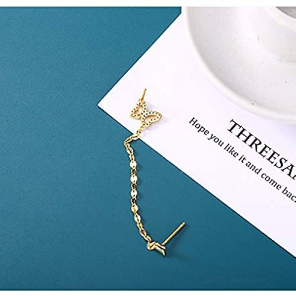 Double Butterfly Chain Cuff Wrap CZ 925 Sterling Silver Stud Crawler Climber Earrings for Women Girls Cartilage Threader Tassel Dangle Hypoallergenic Cute Animal Gifts for Bff Birthday