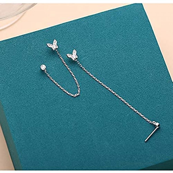 Double Holes Butterfly Halo CZ Small Stud Cuff Wrap Tassel Chain Crawler Climer Dangle Drop Earrings for Women Teen Girls Cartilage S925 Sterling Silver Piercing Animal Jewelry Gifts Daughter Sister